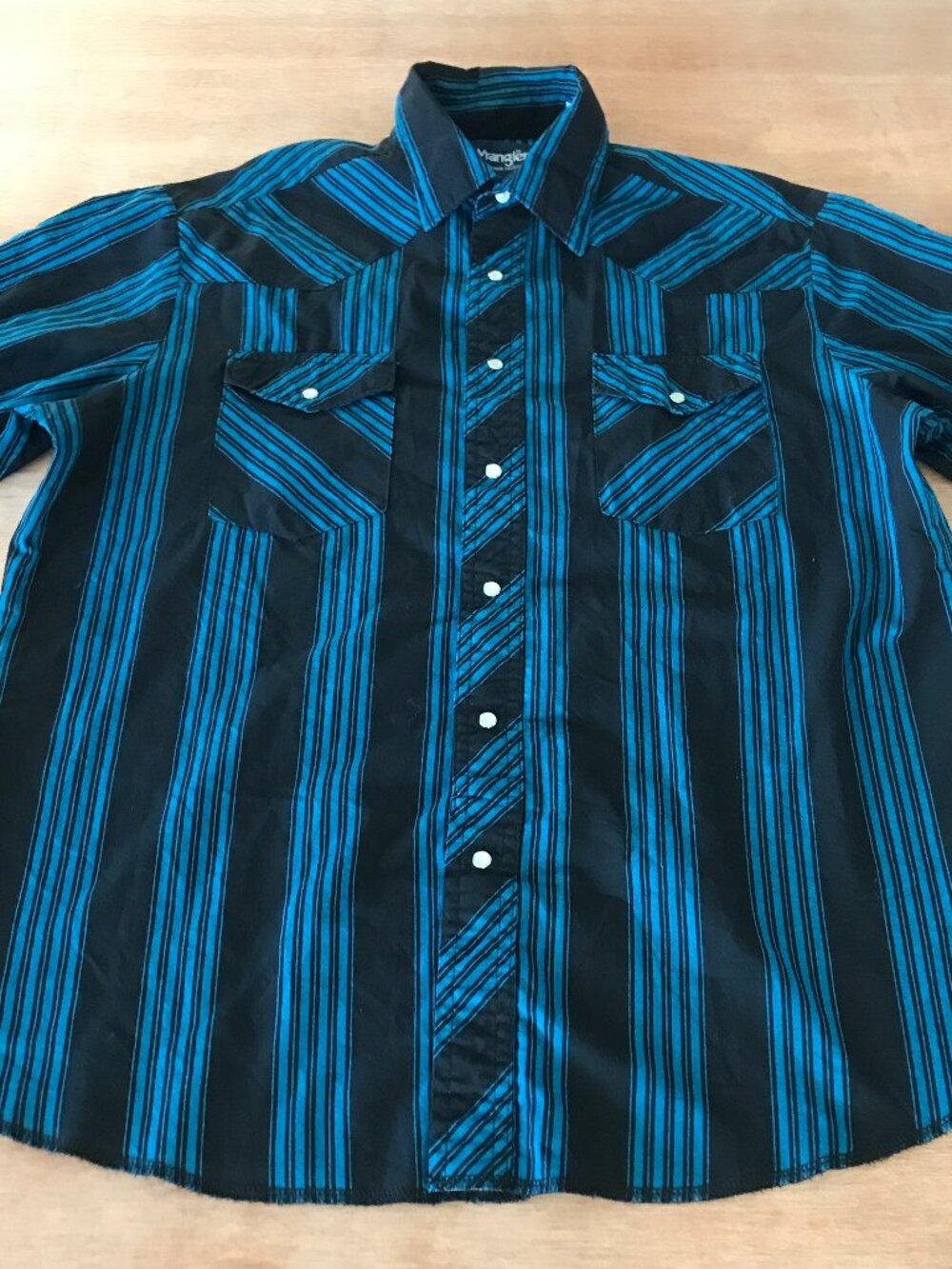 Wrangler Western Shirt Men L Blue Striped Pearl Snap Up Pocket Short Sleeve